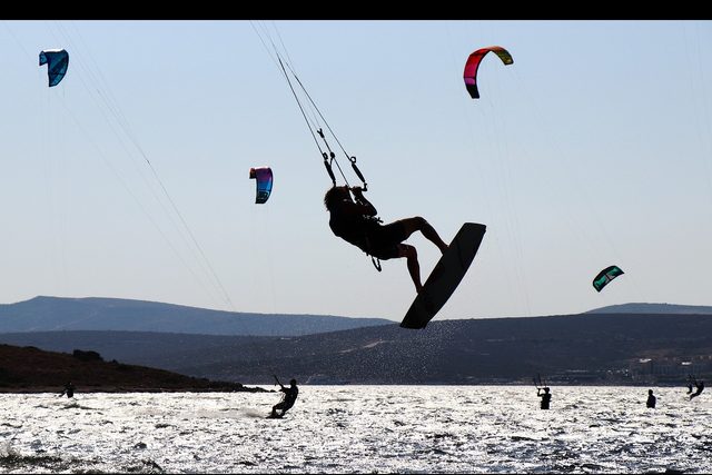 Kitesurfers on the bay at Alacati, with the hills of the Cesme peninsula behind.