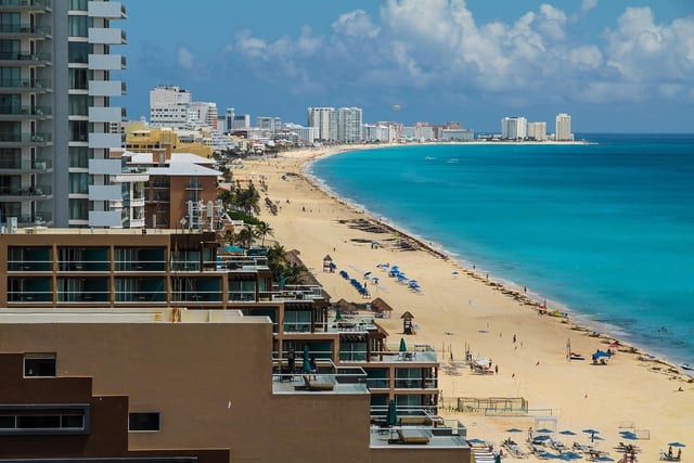 High-rise hotels along the beach in the Cancun hotel zone.