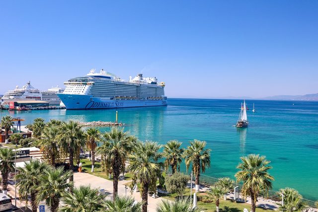 A cruise ship berthed at Kusadasi, seen across turquoise water past palm trees.