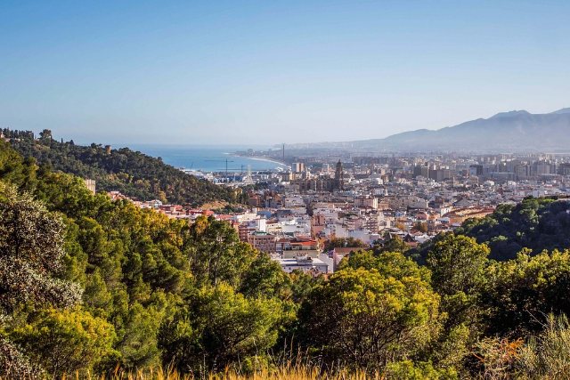 Malaga from the hills above: the cathedral tower, the city spread to the port, and the sea beyond.