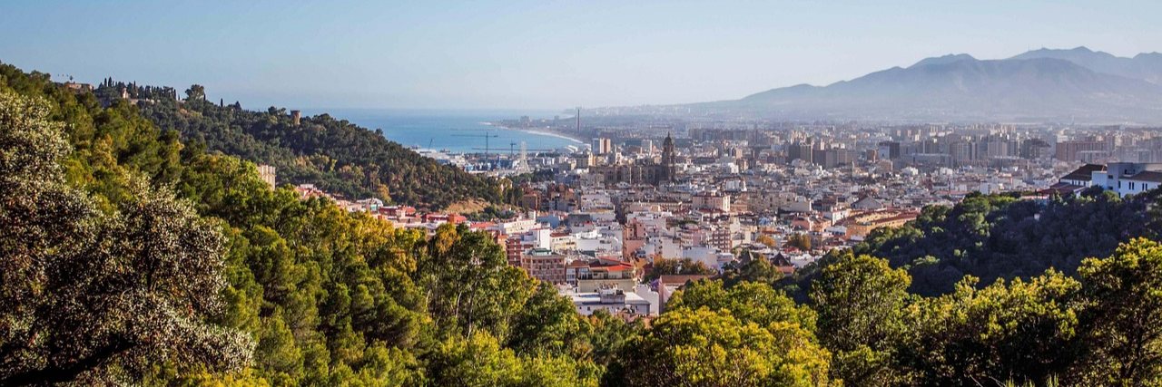 Malaga seen from the wooded hills above it, the cathedral tower and the port below and mountains along the horizon.