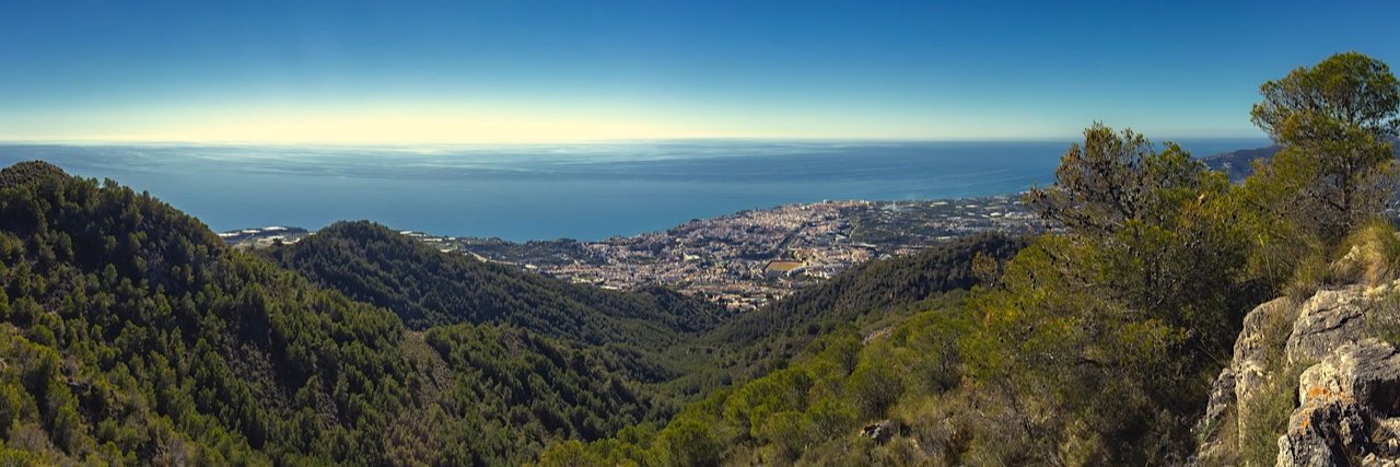 Nerja seen from the hills above it, pine-covered slopes in the foreground and the white town spread along the coast with the Mediterranean beyond.