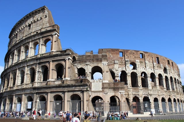 The arched outer wall of the Colosseum in Rome.